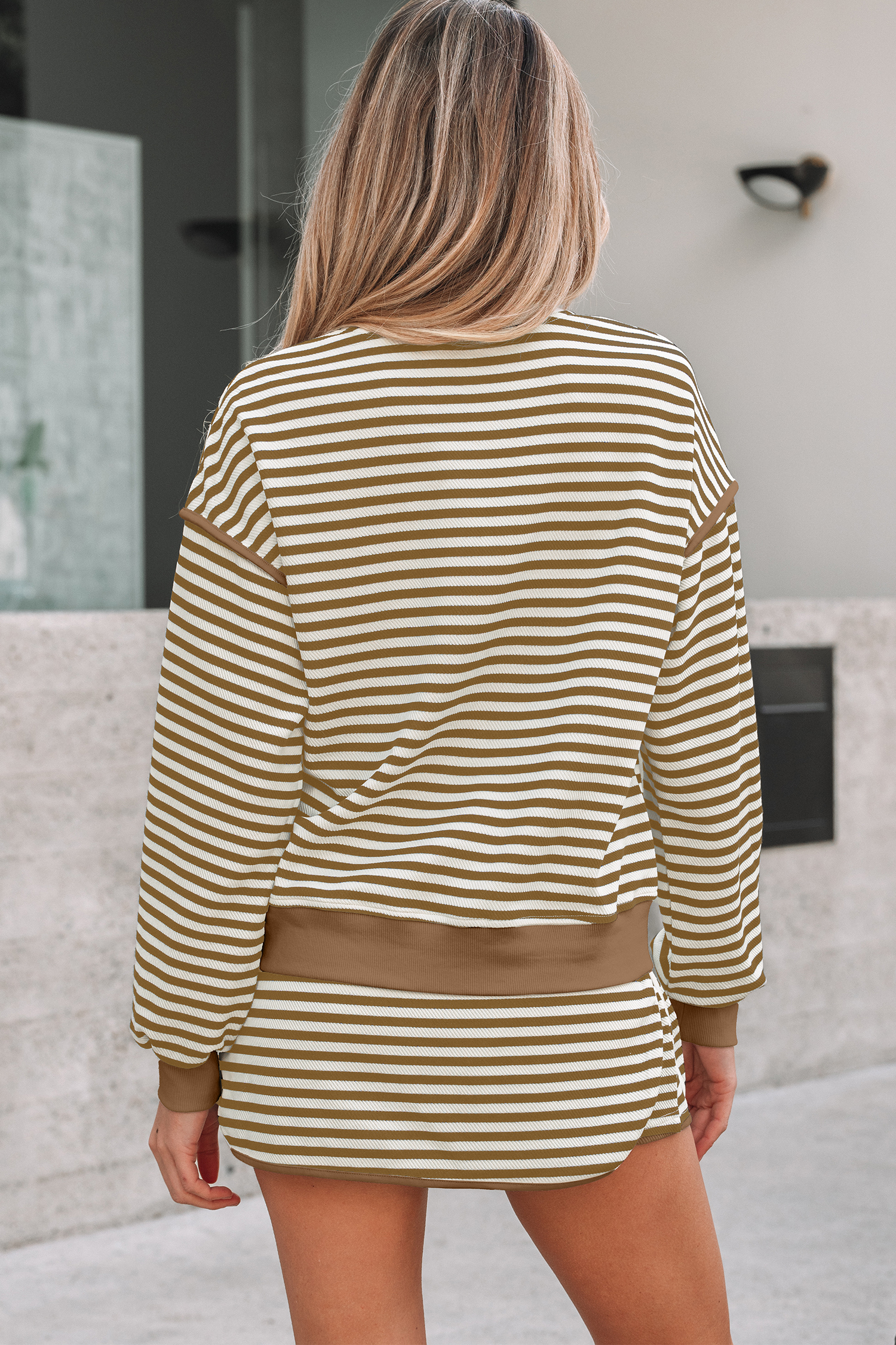 Black Stripe Textured Drop Shoulder Pullover Top Drawstring Mini Skort Two Piece Dress Set - loveforevers