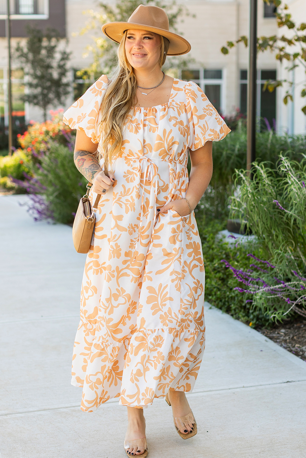 Apricot Floral Print Puff Short Sleeve Resort Plus Size Maxi Dress - loveforevers