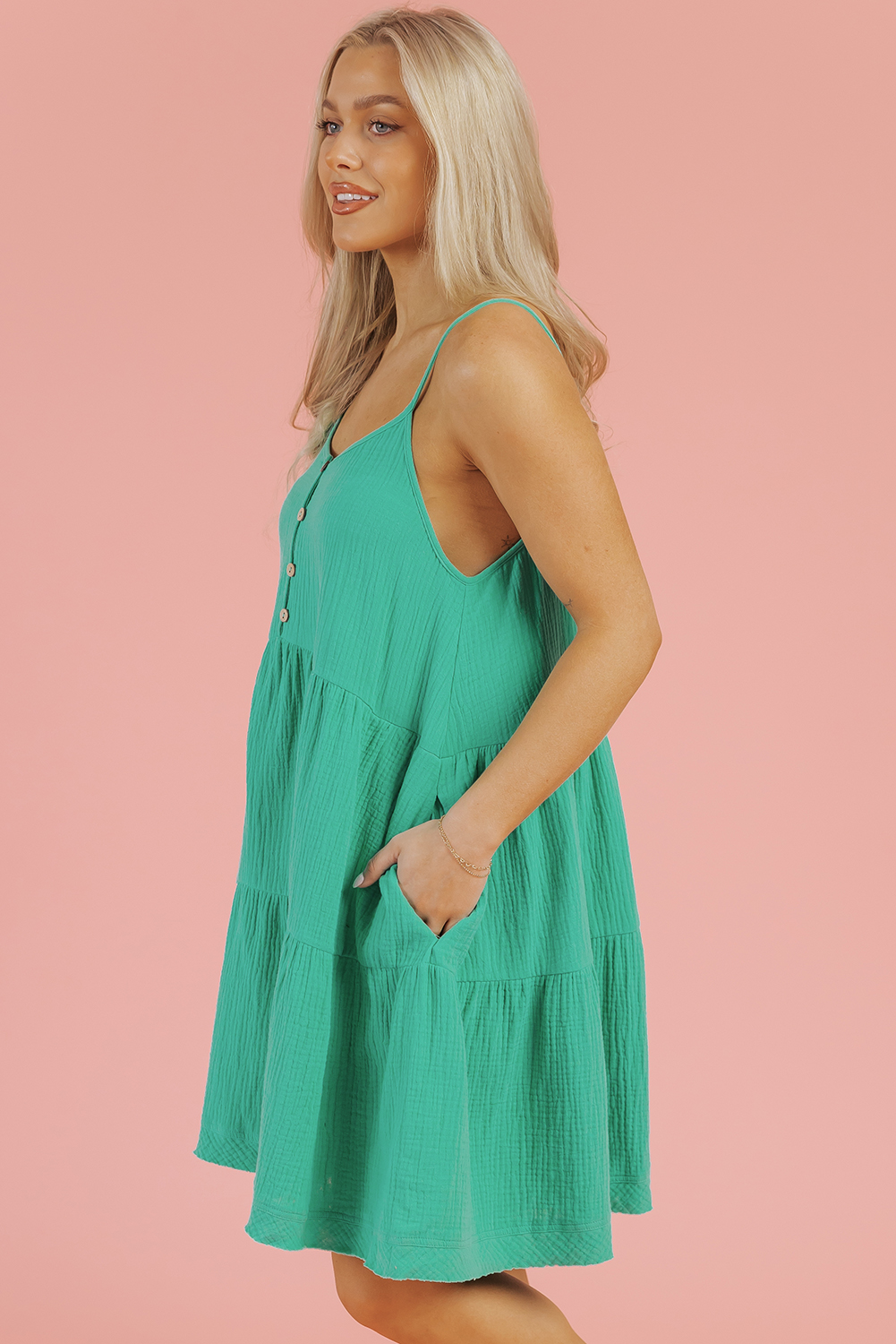 Sea Green Textured Buttoned Thin Strap Tiered Loose Fit Mini Dress - loveforevers