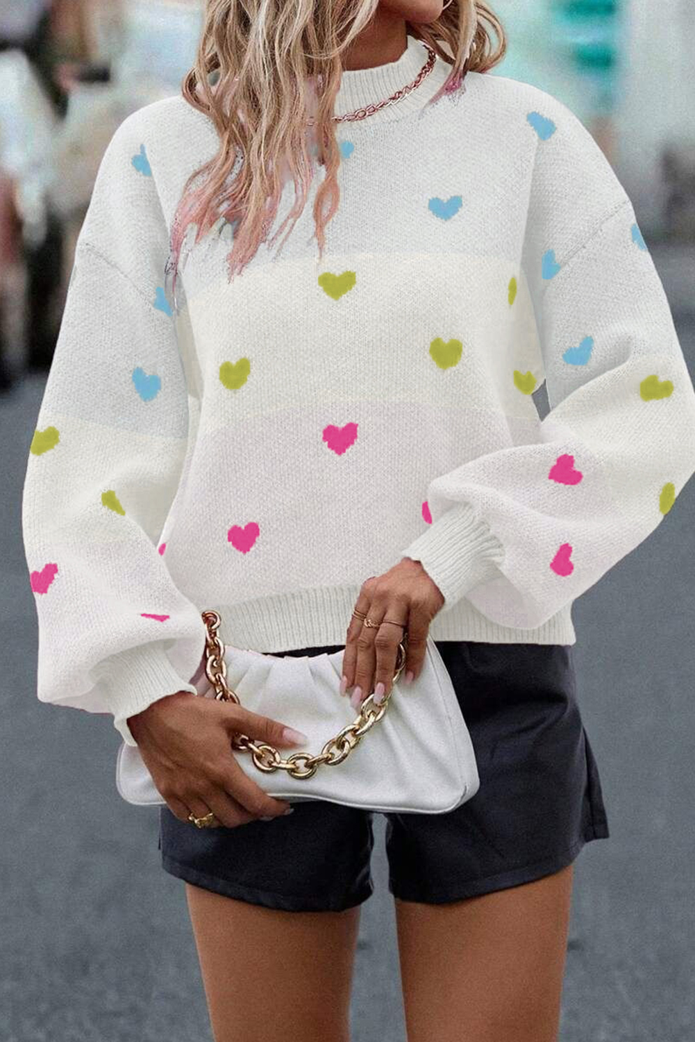 Multicolour Heart Pattern Colorblock Knit High Neck Baggy Sweater - loveforevers