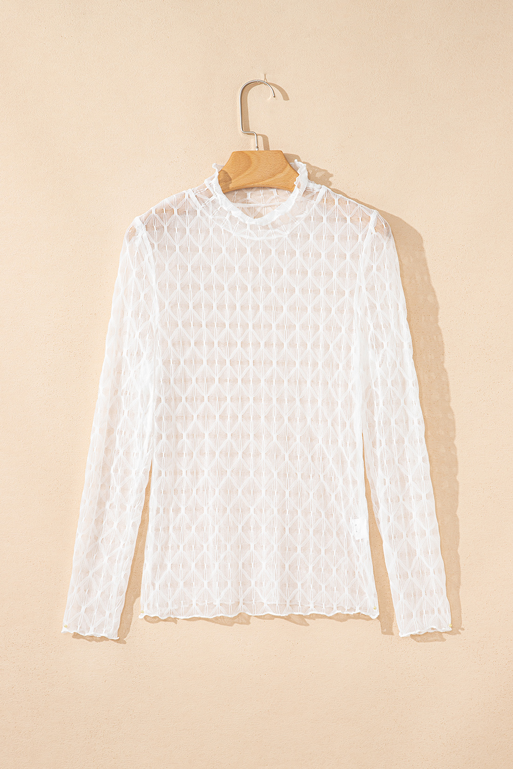 Coffee Sheer Mesh Patterned Lettuce Trim Slim Long Sleeve Top - loveforevers
