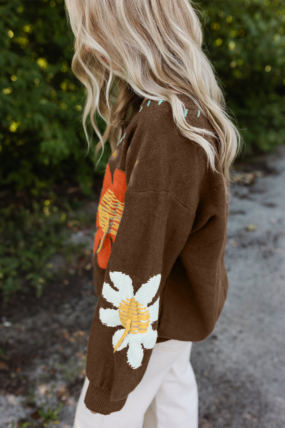 Coffee Big Flower Pattern V Neck Drop Shoulder Sweater - loveforevers