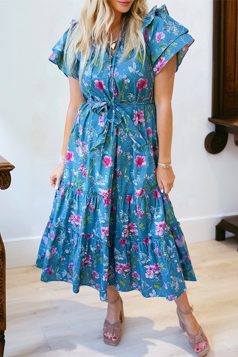 Blue Floral Flutter Sleeve Button Tie Split Neck Belted Long Dress - loveforevers