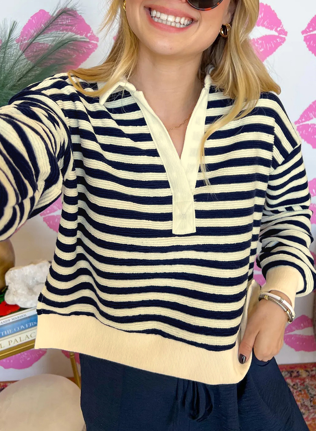 Blue Stripe Collared V Neck Long Sleeve Casual Top - loveforevers