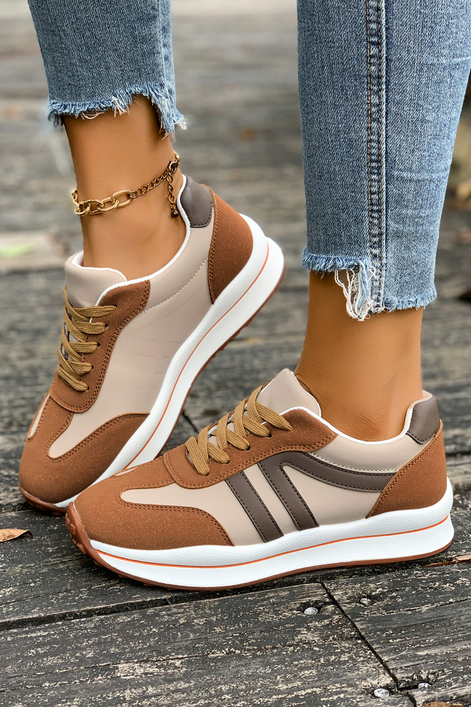 Brown Varsity Color Block Patchwork Lace-up PU Leather Sneakers - loveforevers