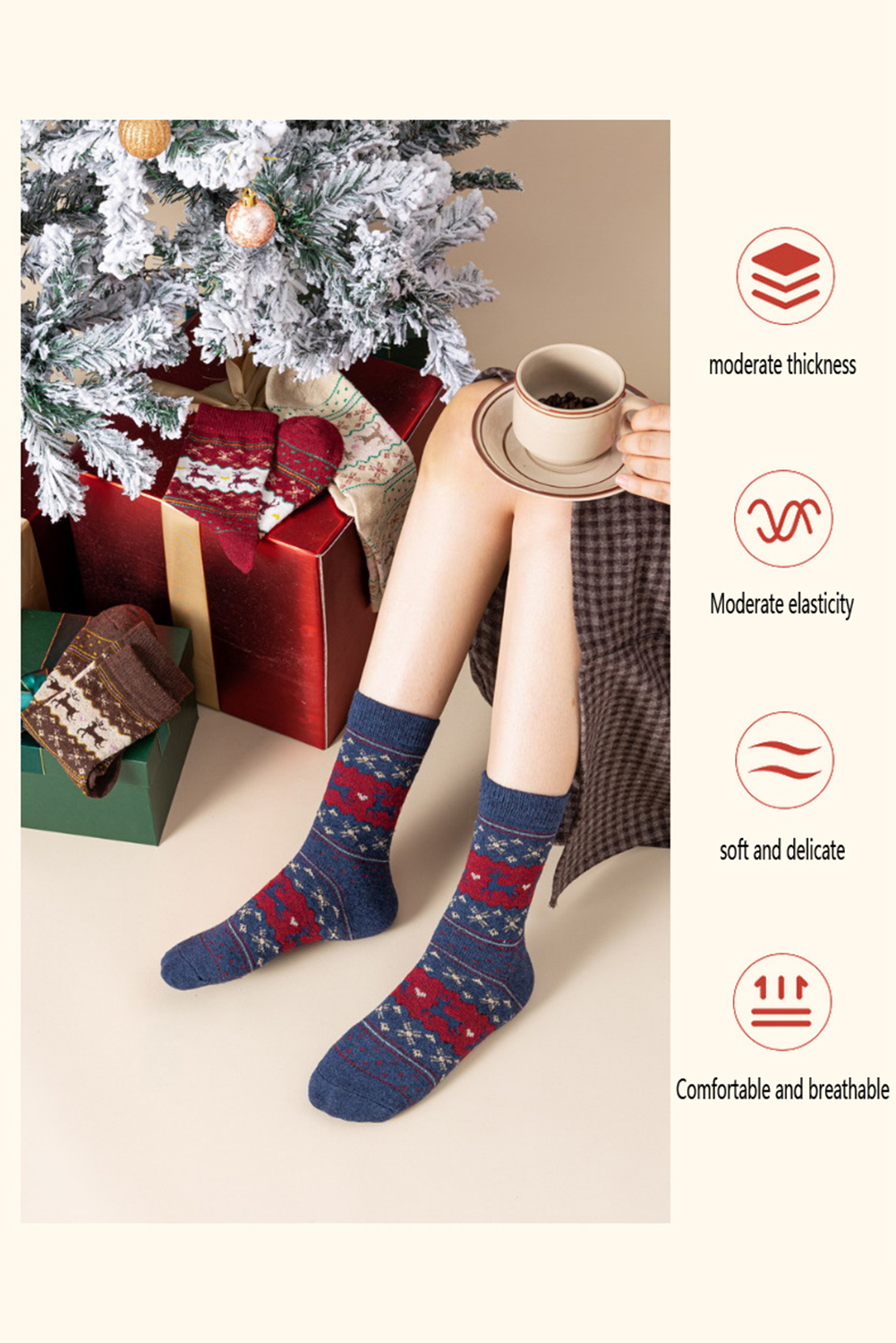 Parchment 5 Pairs Christmas Fashion Reindeer Geometric Print Socks in A Box - loveforevers