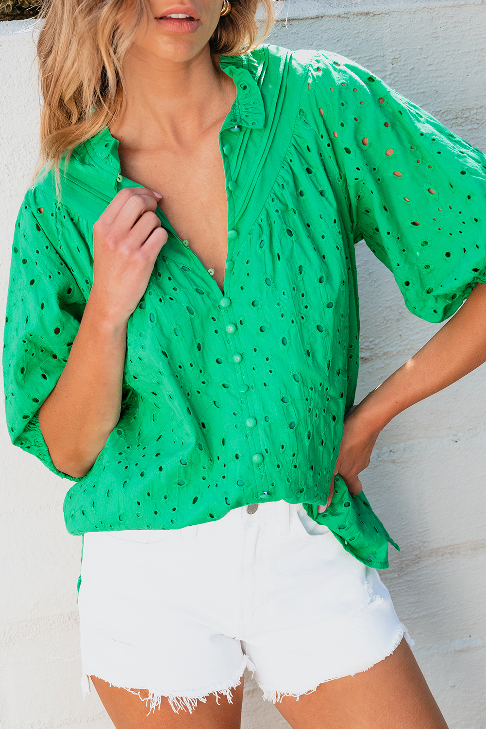 Green Flower Embroidered Hollow-out Puff Sleeve Blouse - loveforevers