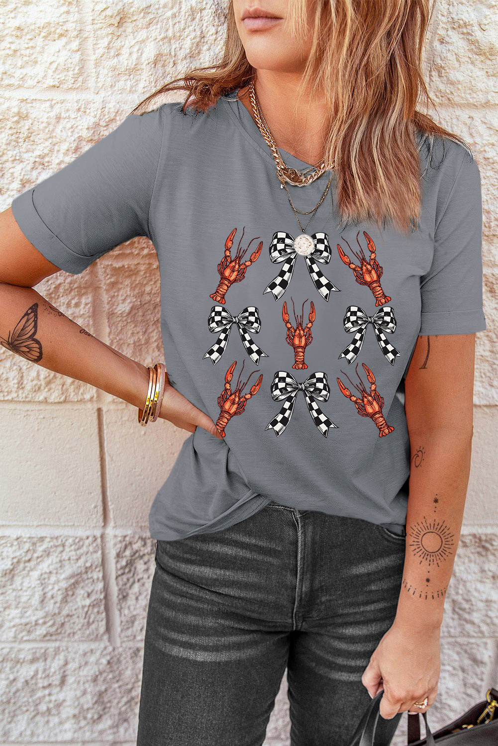Gray Checkered Bow Crawfish Printed Summer Tee - loveforevers