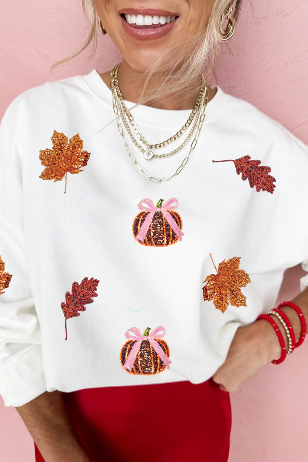 White Sequined Pumpkin Leaves Fall Vibe Graphic T Shirt - loveforevers