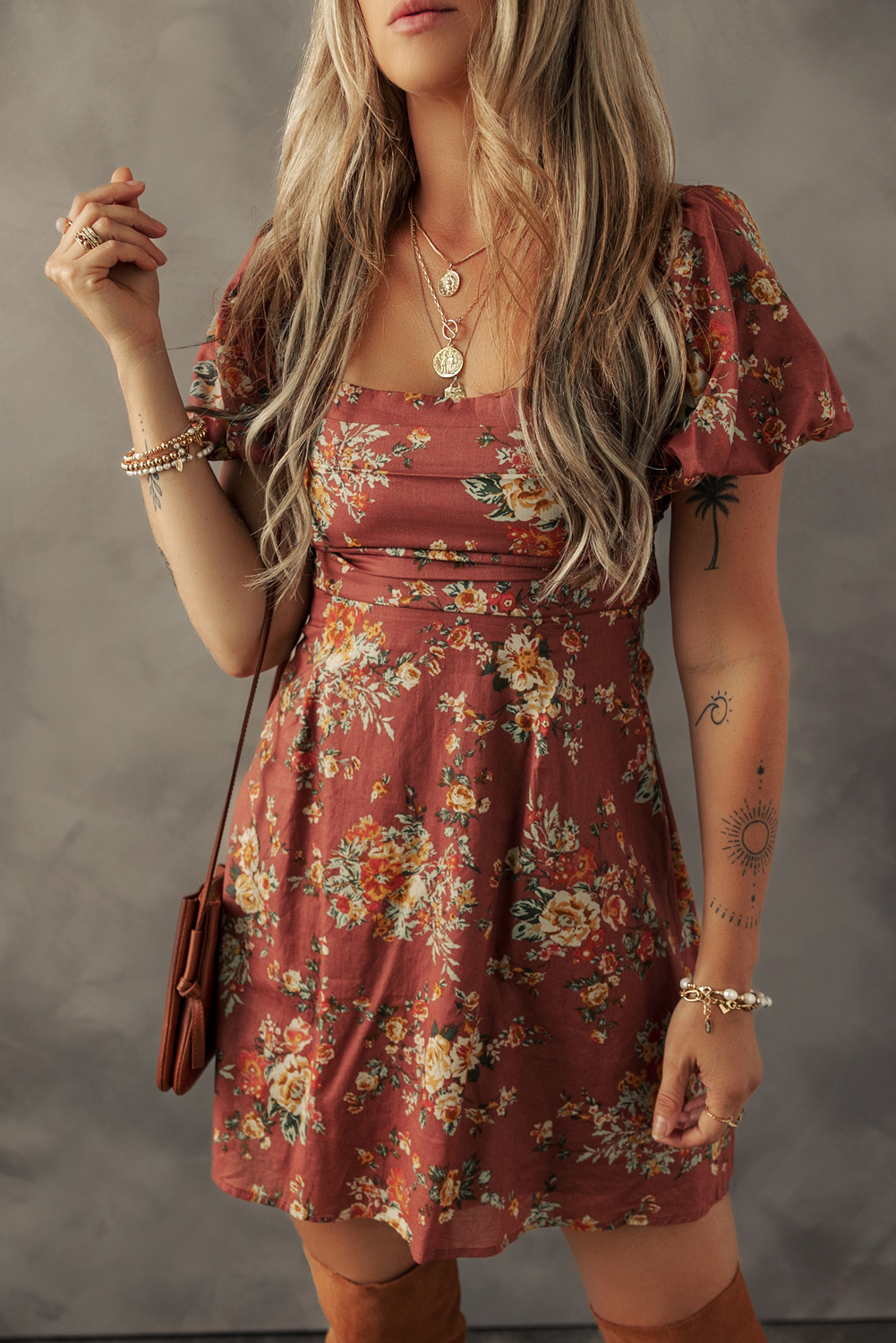 Red Floral Puff Sleeve Square Neck Knot Open Back Mini Dress - loveforevers
