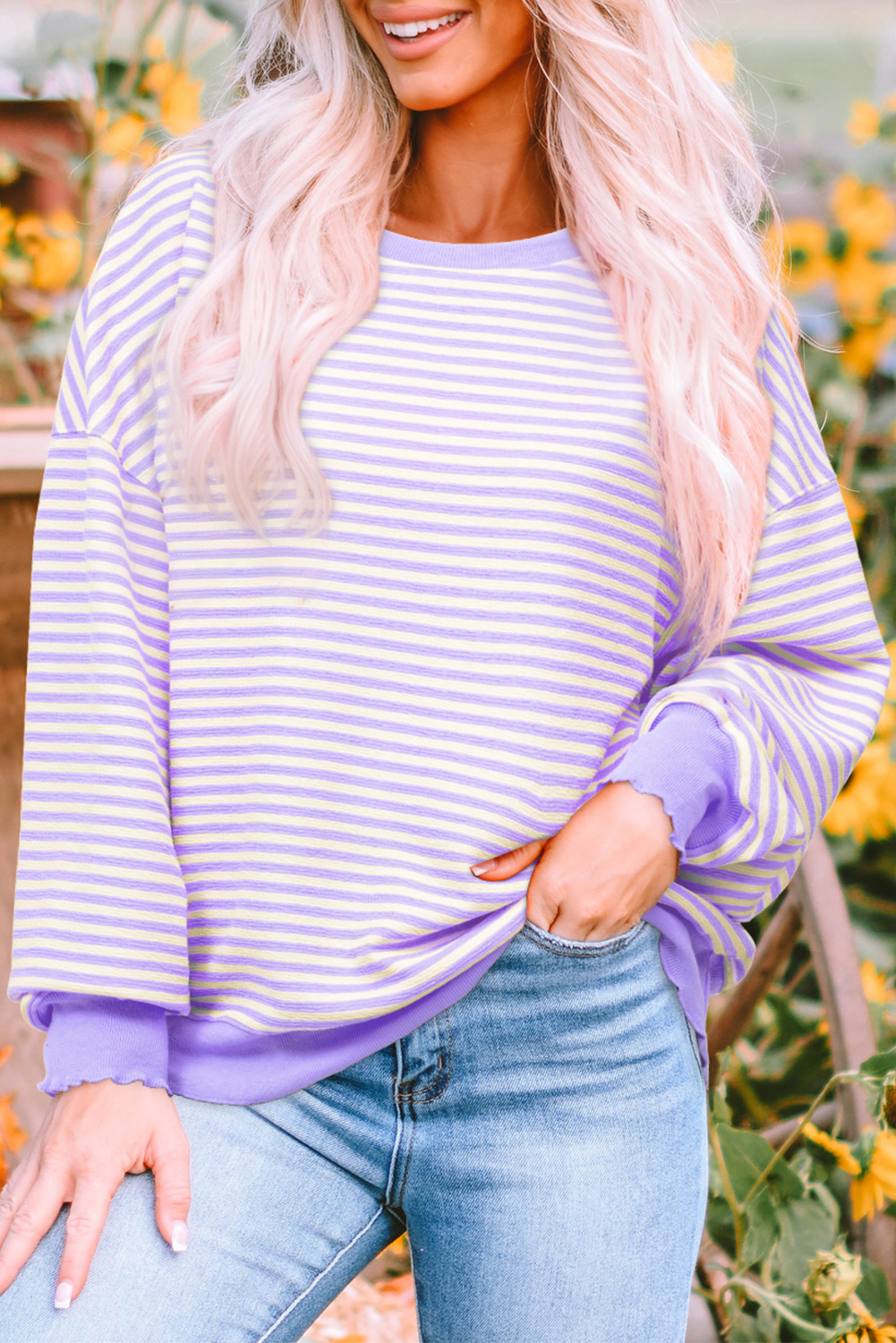 Pink Stripe Loose Drop Shoulder Long Sleeve Top - loveforevers