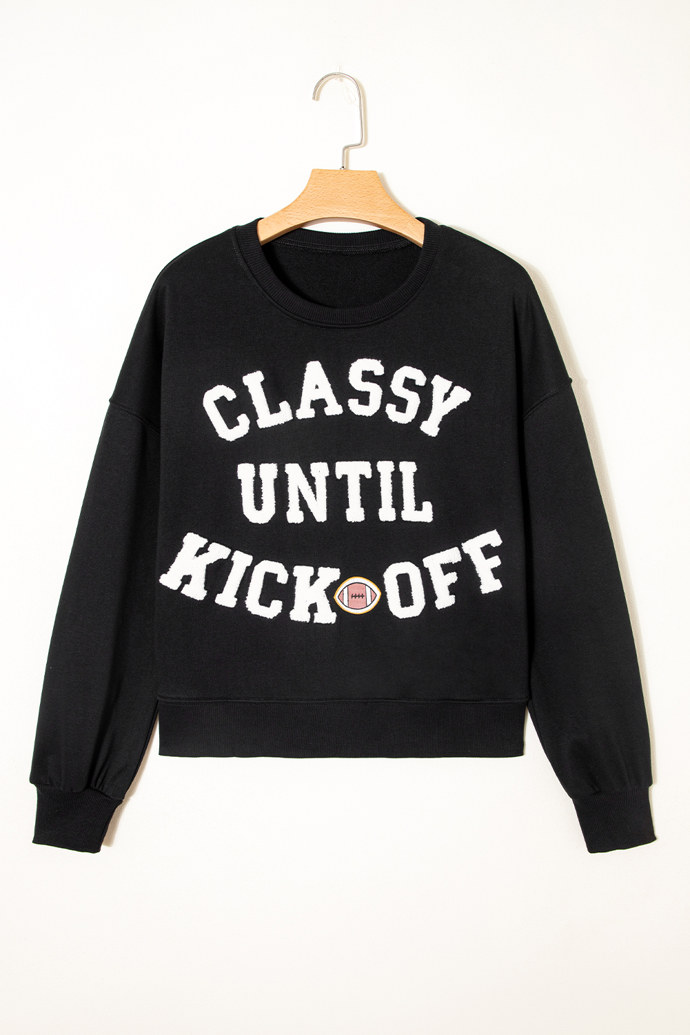 Black CLASSY UNTIL KICKOFF Plush Letter Patched Loose Sweatshirt - loveforevers
