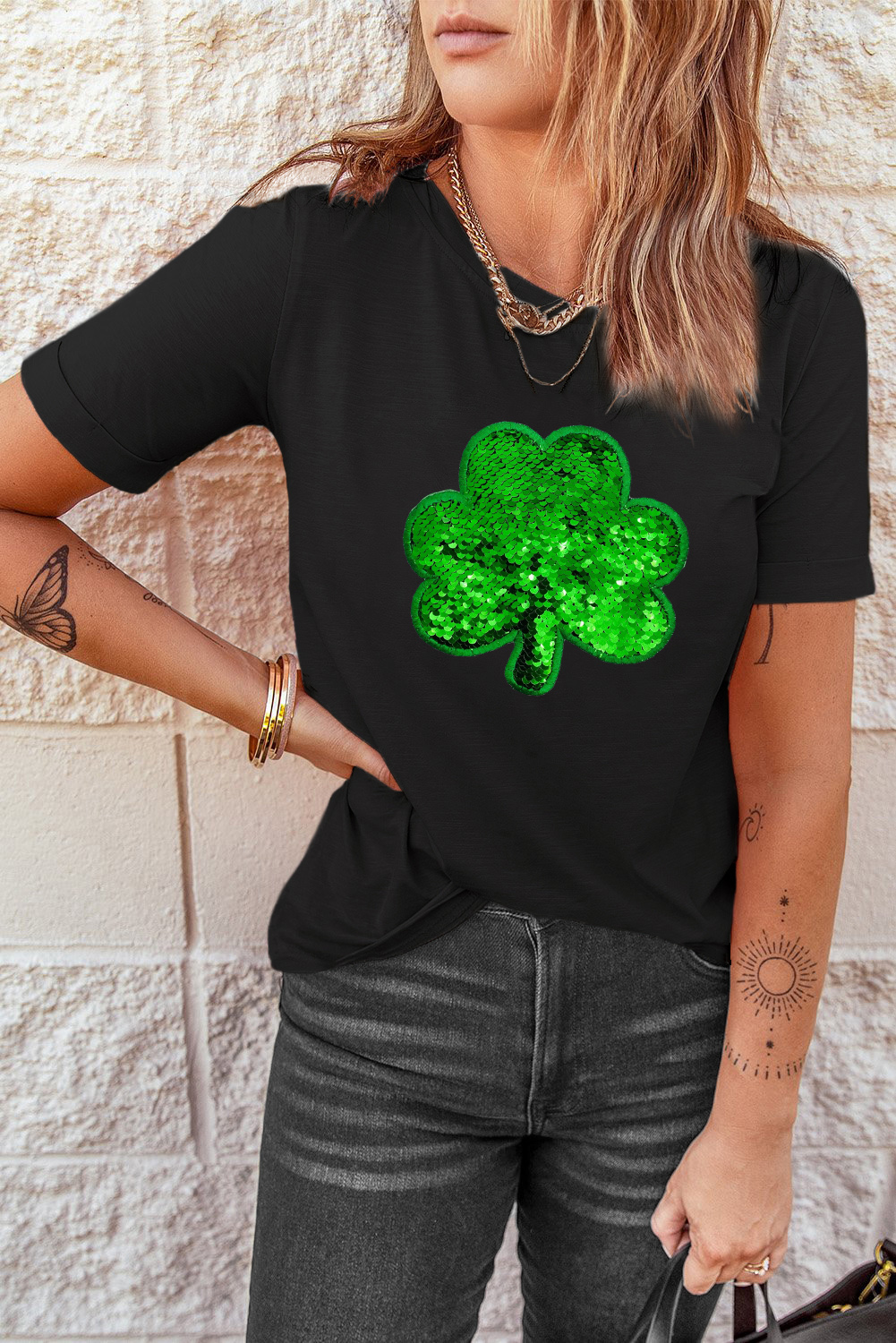 Black St. Patricks Lucky Clover Print O Neck T Shirt - loveforevers