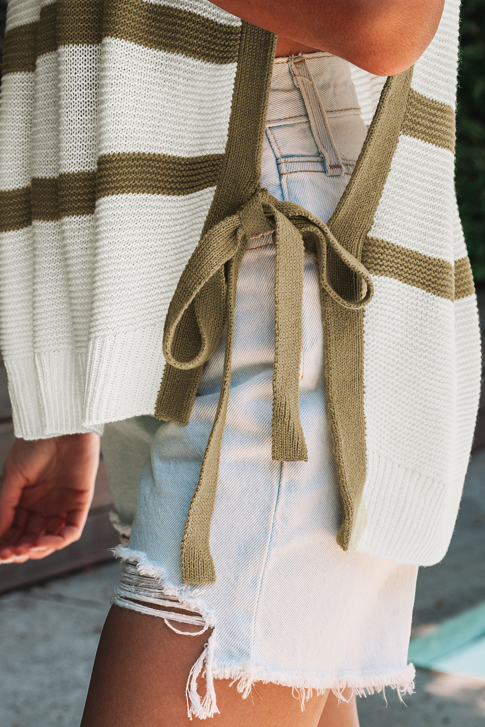 Khaki Stripe Tie Open Side Sweater Knitted Top - loveforevers