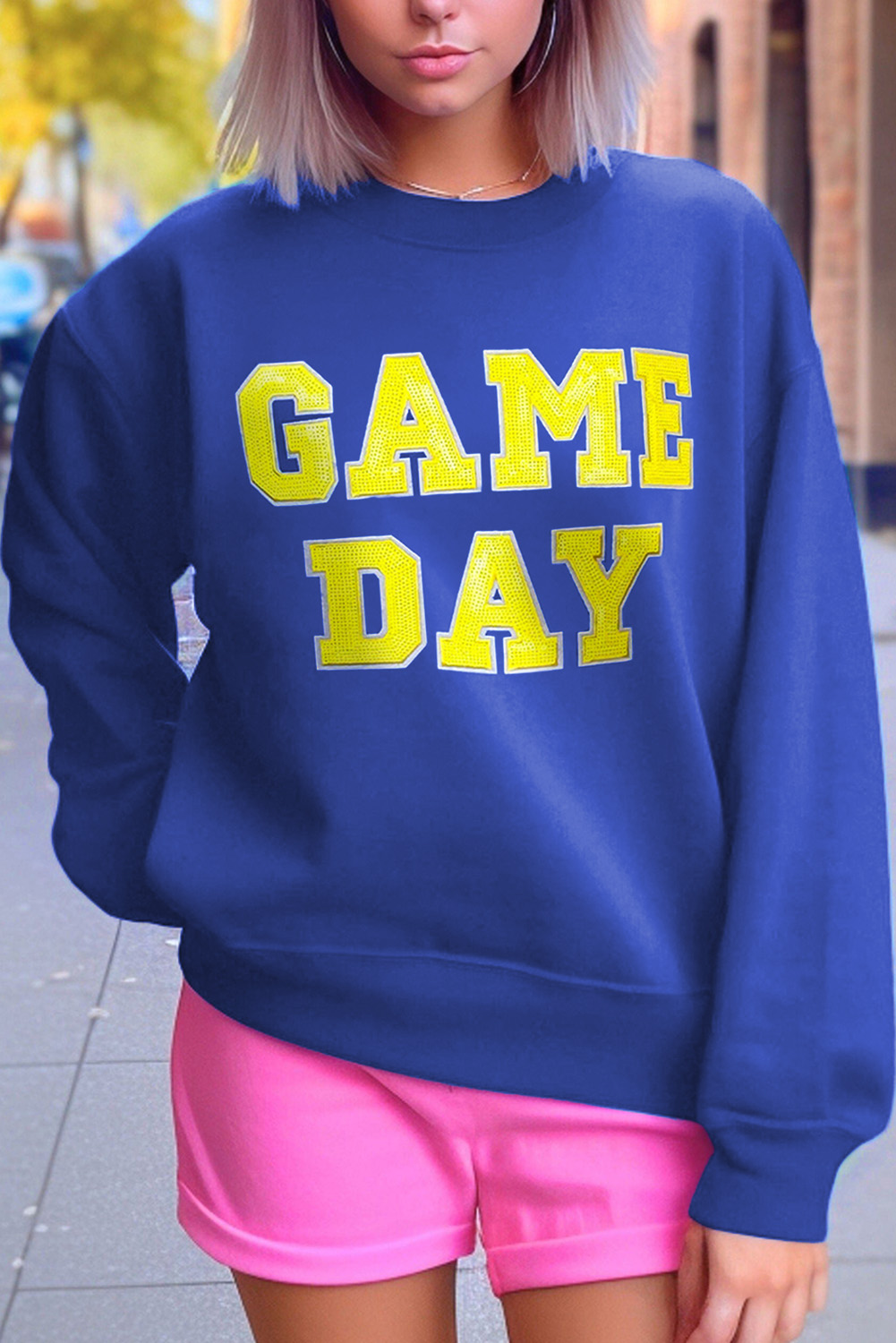 Dark Blue Game Day Crew Neck Graphic Pullover Sweatshirt - loveforevers