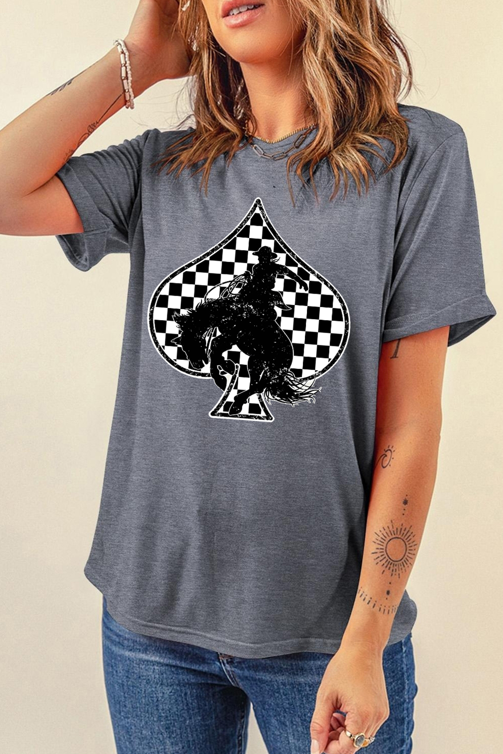 Gray Redeo Check Spades Western Graphic T Shirt - loveforevers