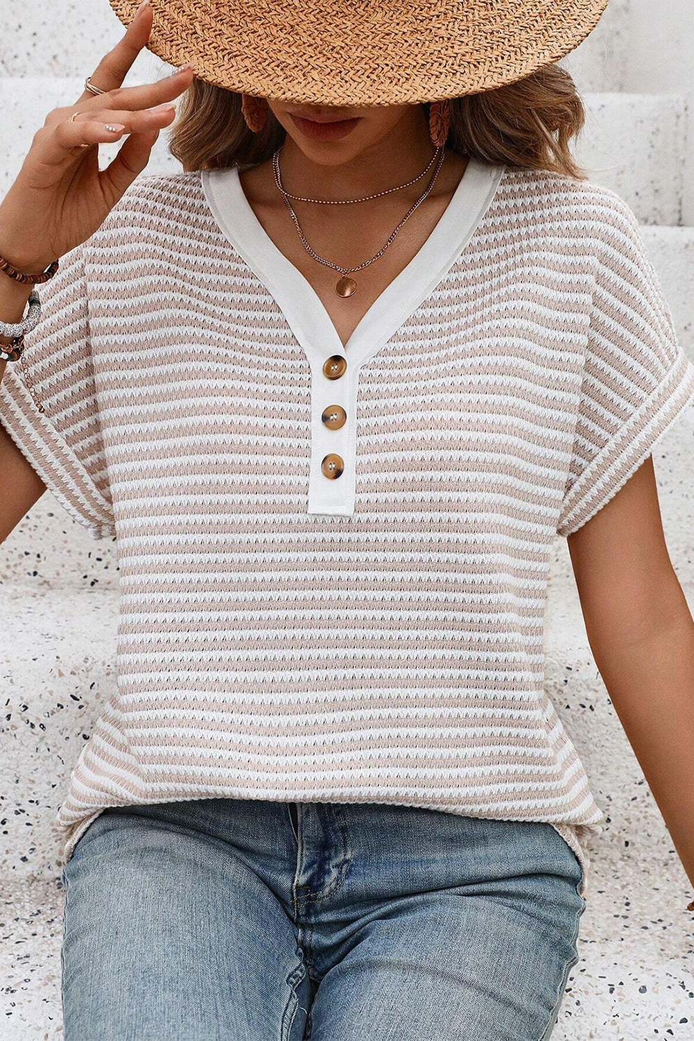 Khaki Stripe Buttoned Front V Neck Knitted T Shirt - loveforevers