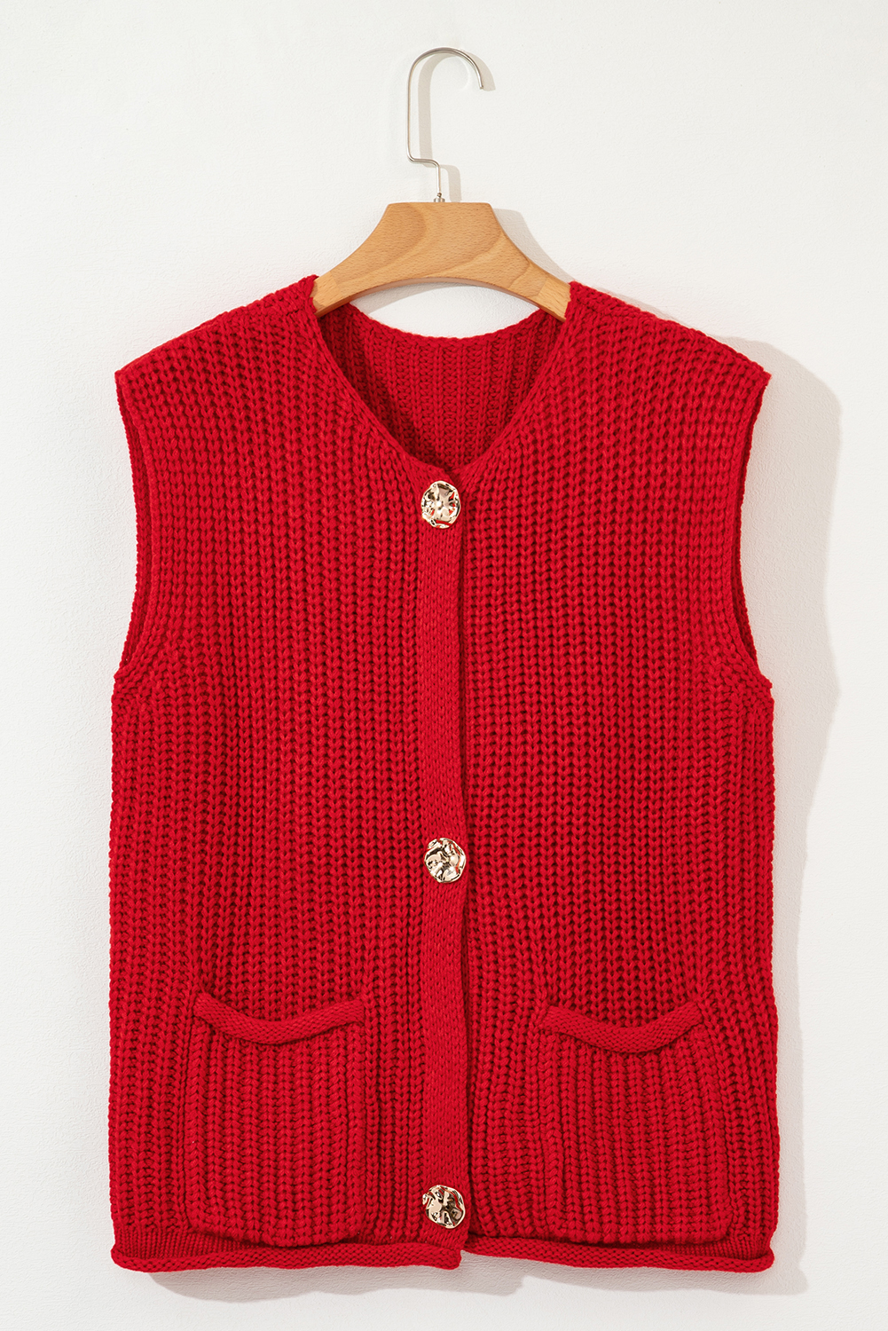 Fiery Red Solid Textured Knit Side Pockets Buttoned Sweater Vest - loveforevers