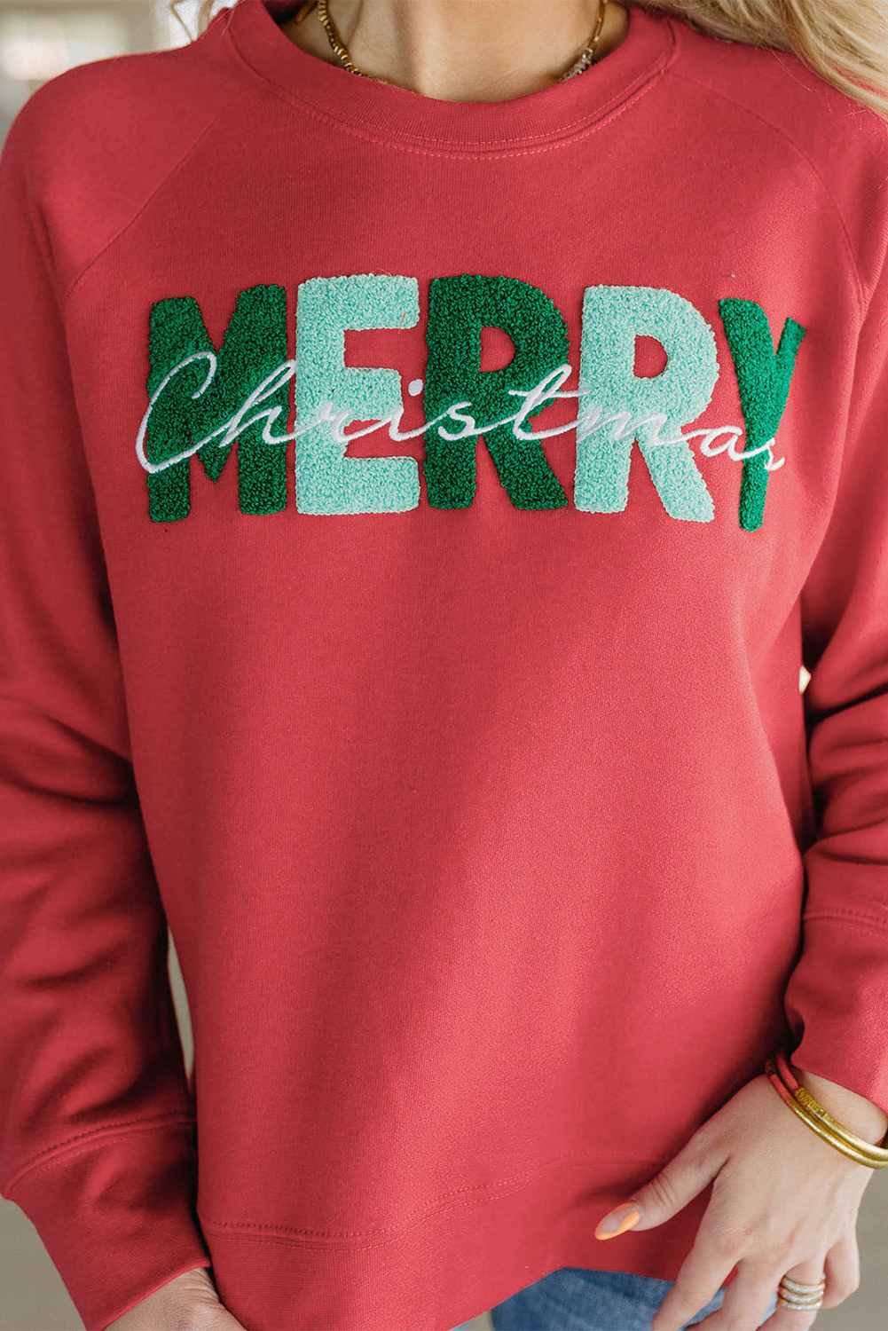 Fiery Red Chenille MERRY Christmas Raglan Sleeve Sweatshirt - loveforevers