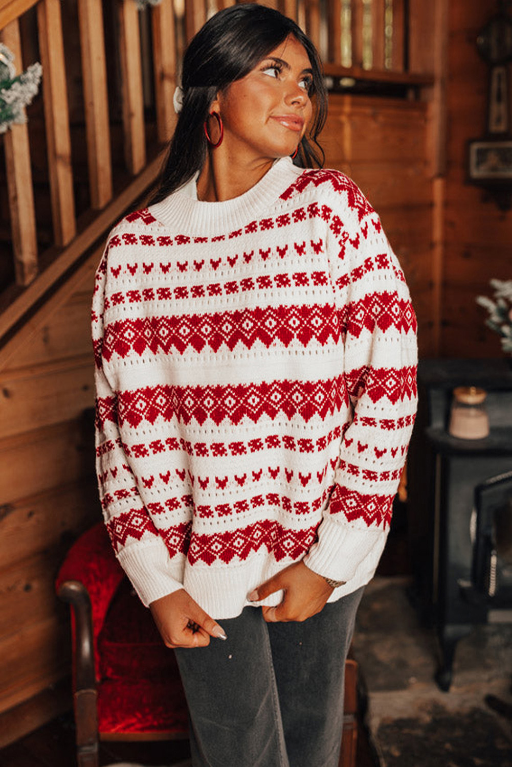 White Western Geometric Patterned Crew Neck Loose Sweater - loveforevers