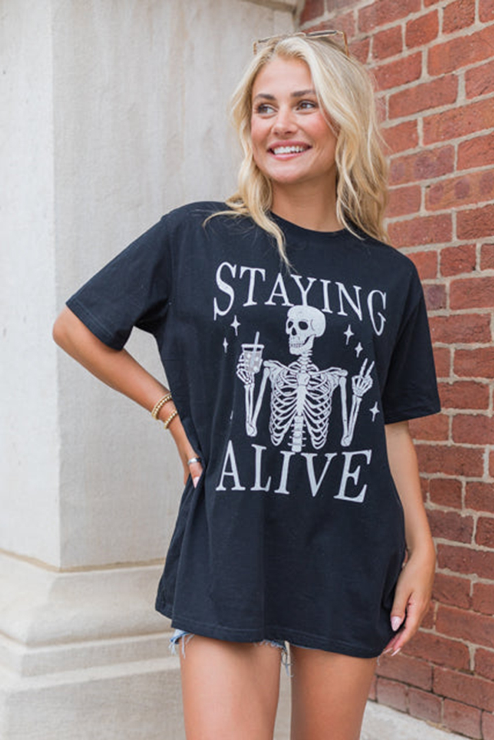 Black STAYING ALIVE Funny Skeleton Print Round Neck T Shirt - loveforevers