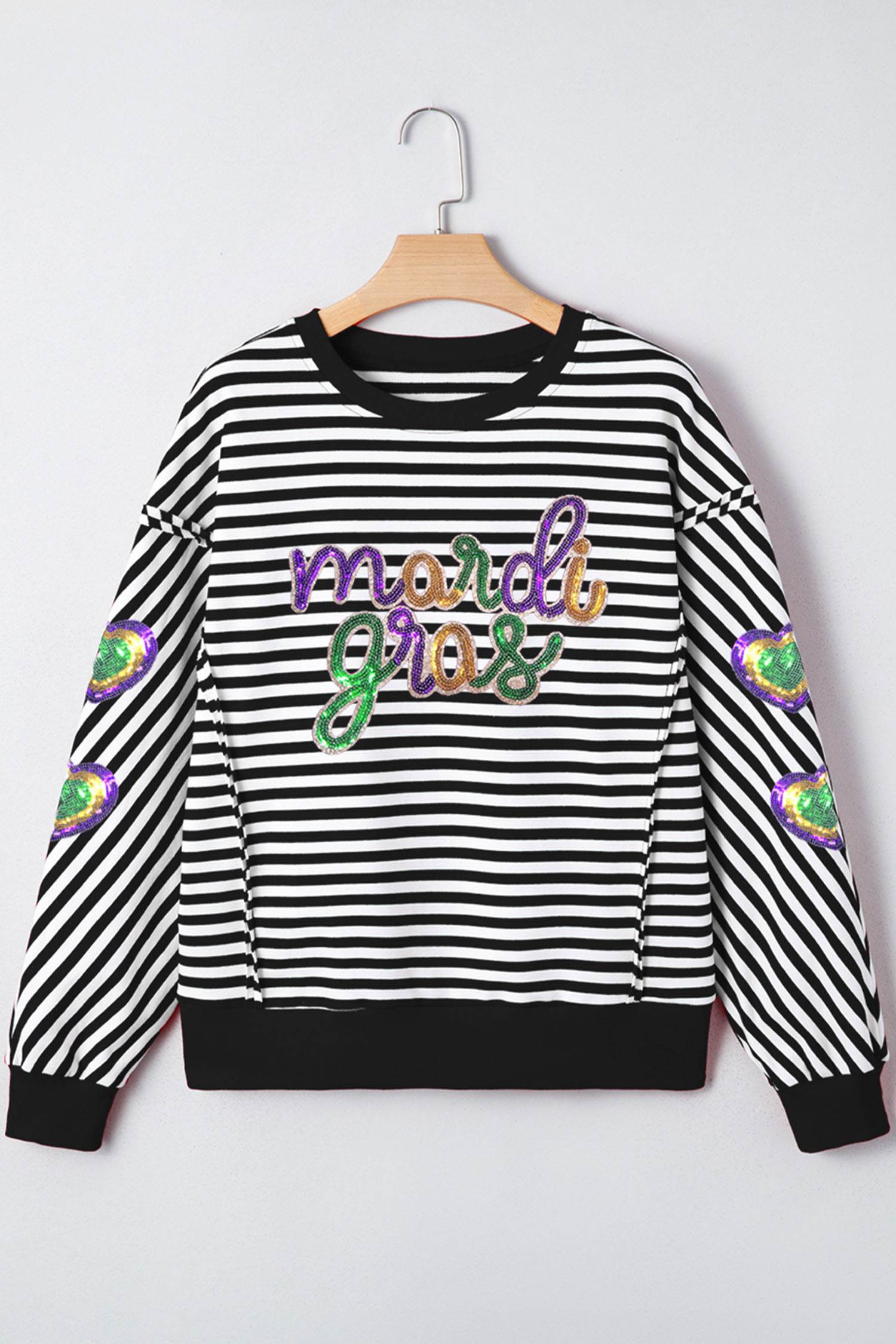Black Stripe Raw Seam Detail Sequin Mardi Gras Heart Patched Graphic Long Sleeve Top - loveforevers