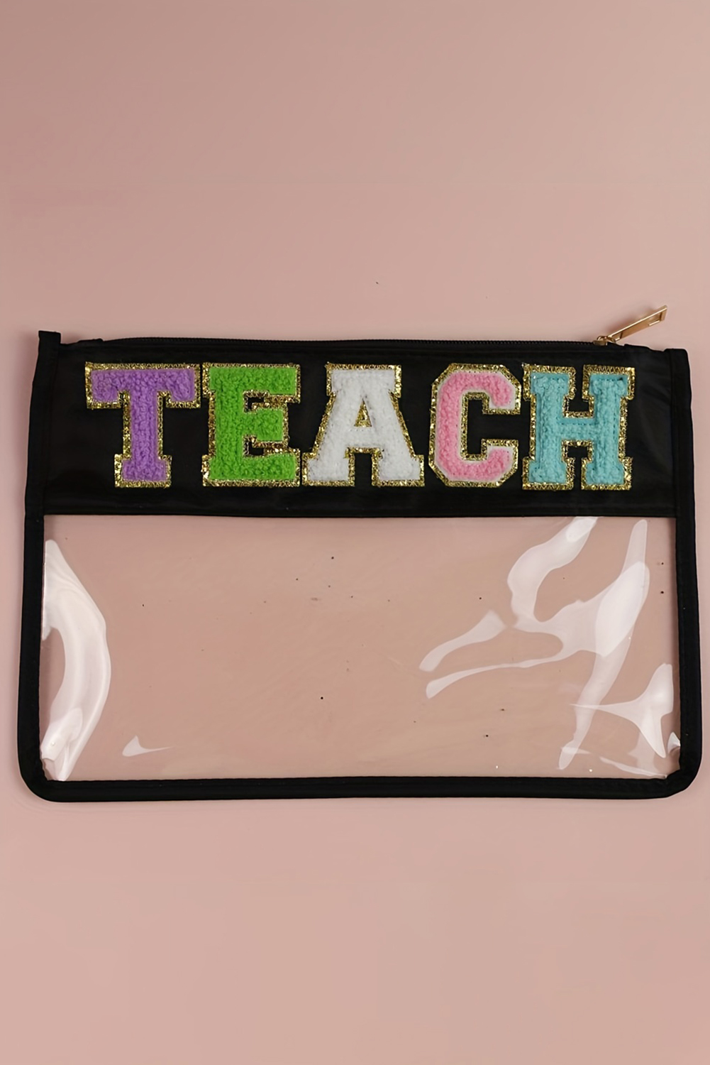 Black TEACH Glitter Chenille Clear PVC Makeup Bag - loveforevers