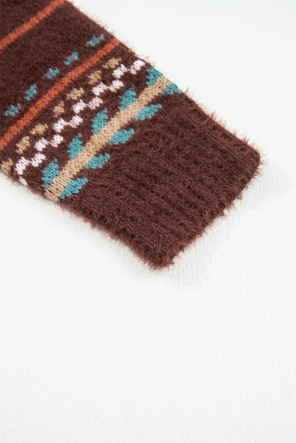 Brown Ethnic Pattern Mohair Knitted Drop Shoulder Sweater - loveforevers