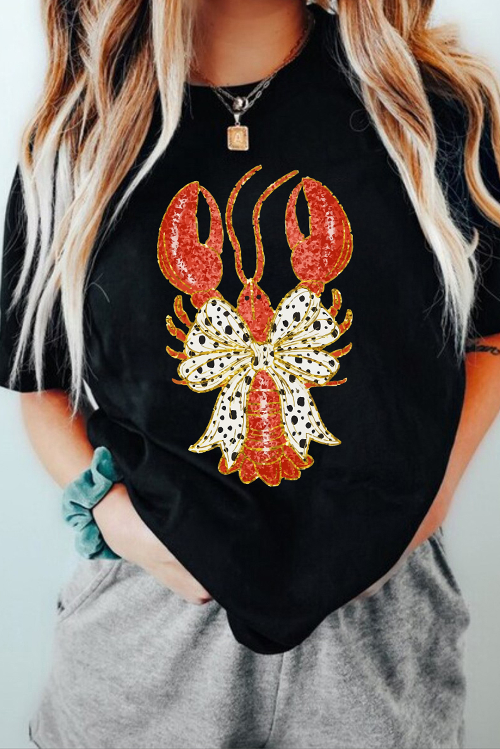 Black Dotty Bow Knot Crawfish Printed T Shirt - loveforevers