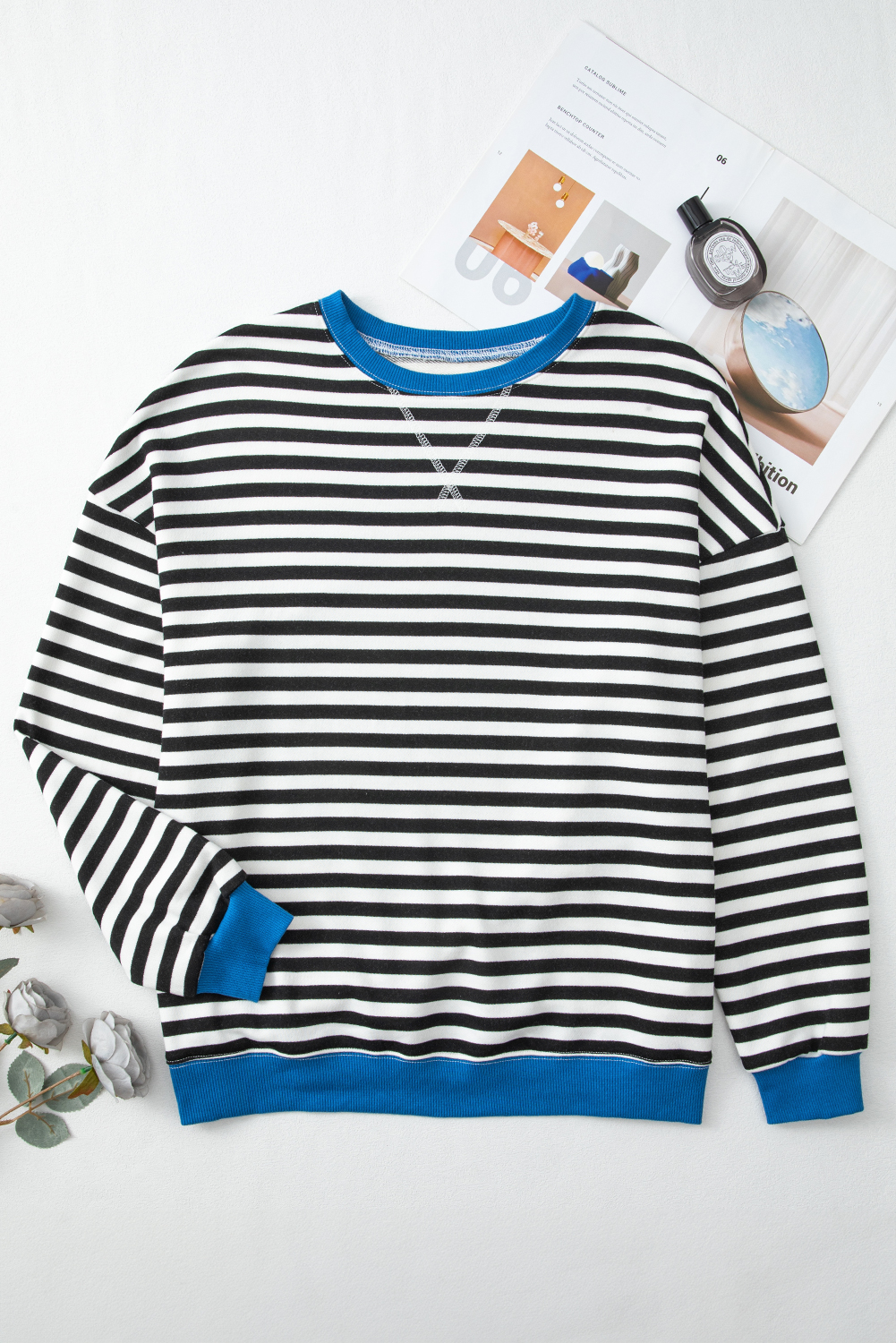 Red Stripe Contrast Ribbed Trim Crossed Stitch Drop Shoulder Sweatshirt - loveforevers