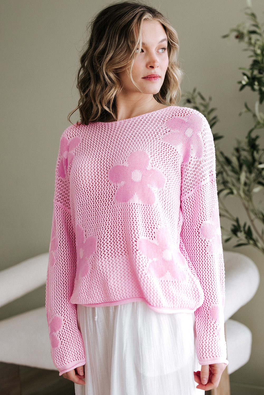 Light Pink Big Flower Hollowed Knit Drop Shoulder Sweater - loveforevers