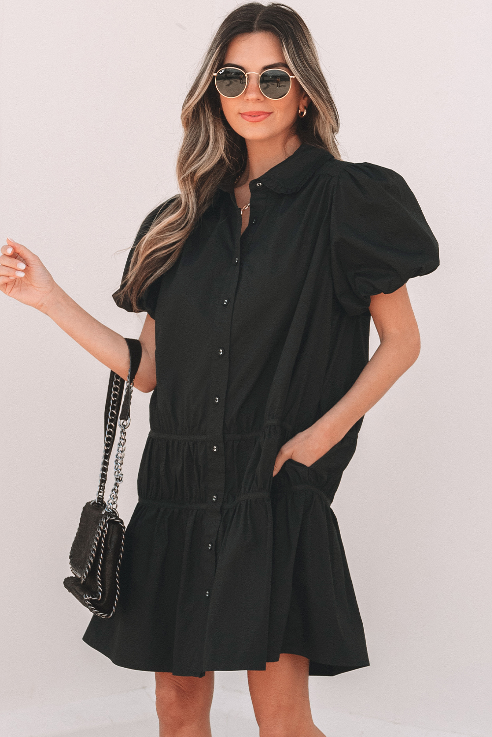 Black Shirt Style Button Down Puff Sleeve Ruffle Hem Dress - loveforevers