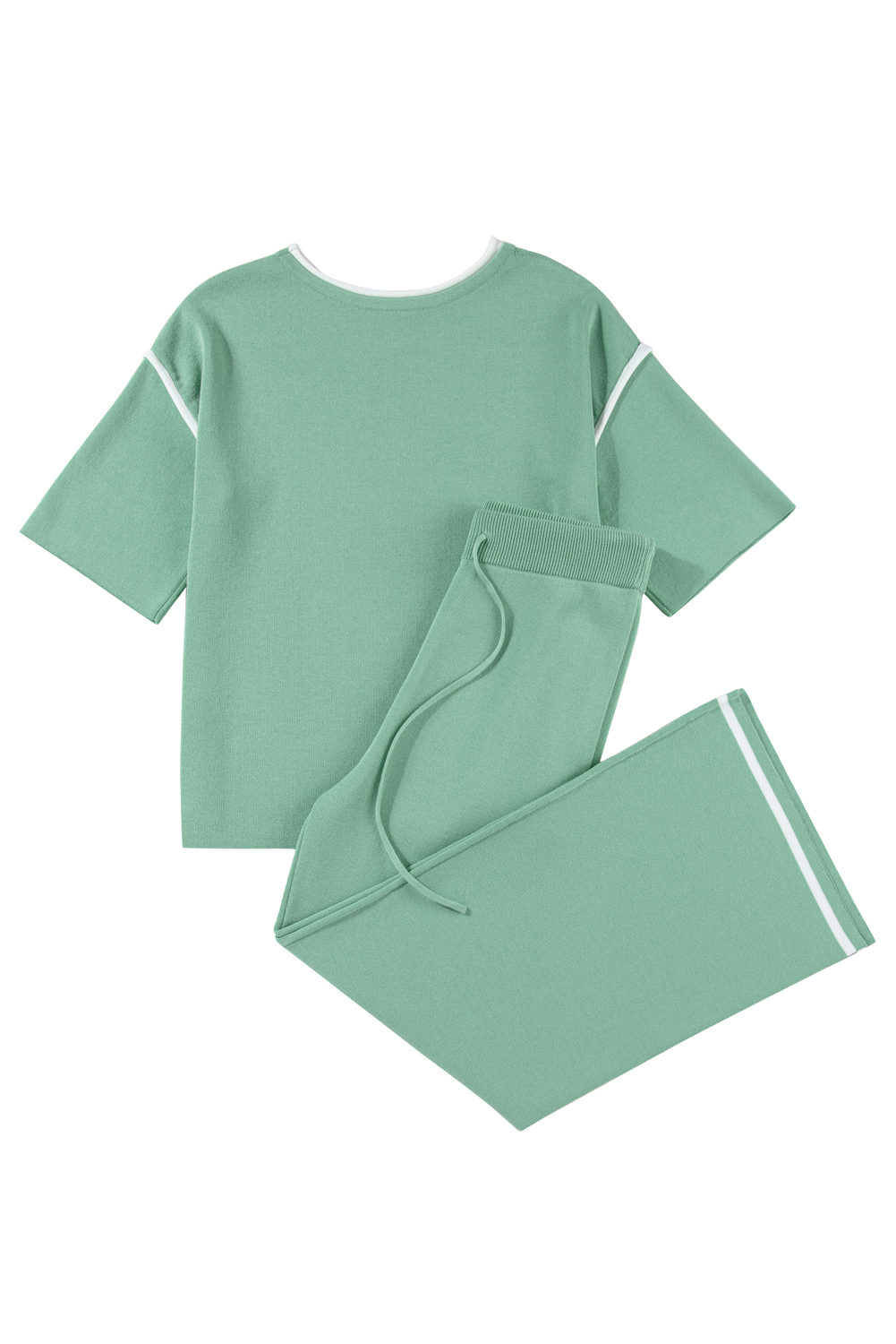 Blackish Green Contrast Trim Half Sleeve Top Drawstring Pants Loose 2pcs Sweater Suit - loveforevers