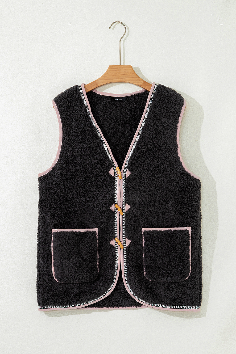 Dark Khaki Sherpa Contrast Trim Patch Pocket Cartridge Toggle Button Vest - loveforevers