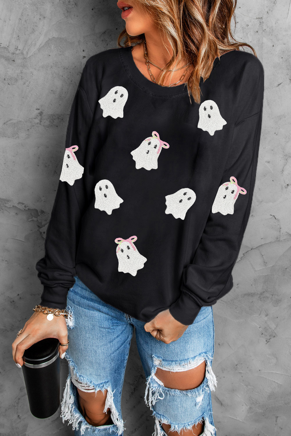 Wisteria Glitter Trim Chenille Ghost Patched Halloween Graphic Tee - loveforevers