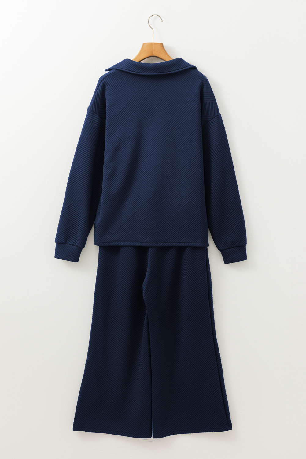 Sail Blue Solid Textured Collared V Neck Top and Wide Leg Pants Set - loveforevers