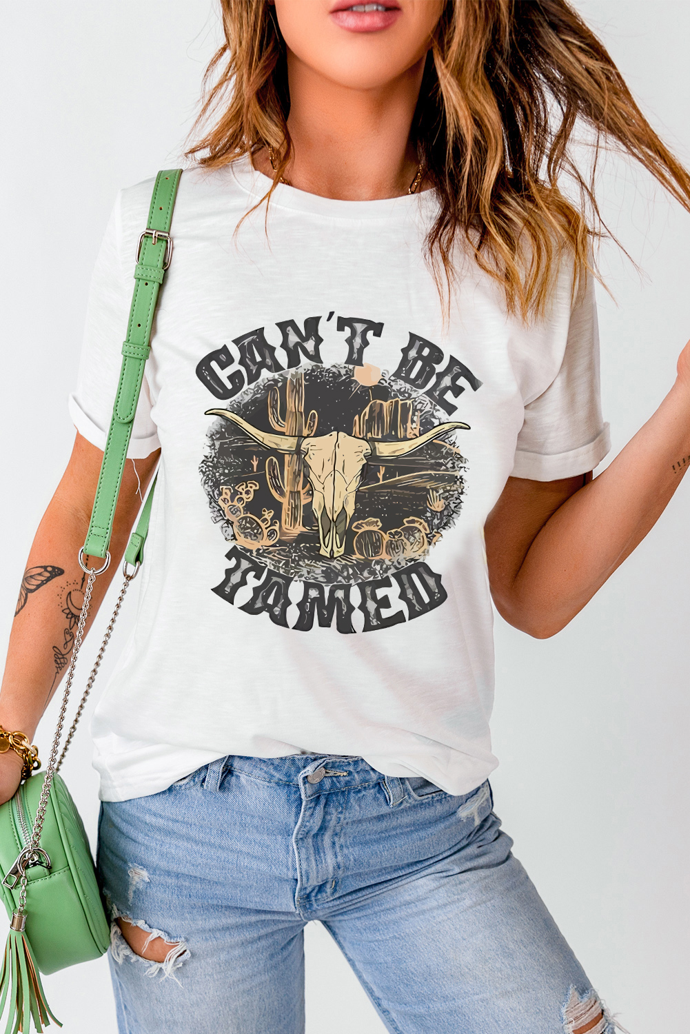 White Cant Be Tamed Western Steer Head Crew Neck T Shirt - loveforevers