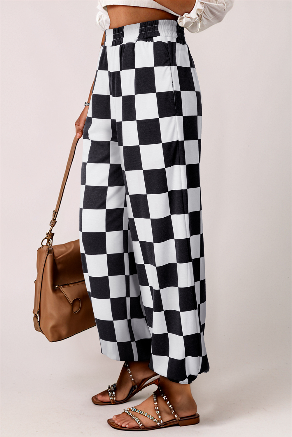 Black 2-Tone Checked Print High Waist Wide Leg Pants - loveforevers