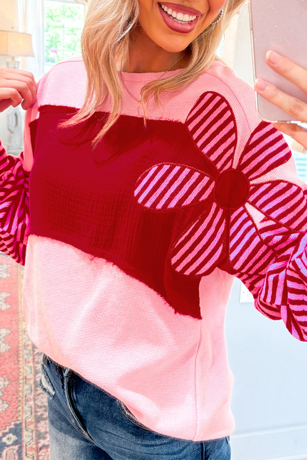 Pink Floral Patch Color Block Striped Sleeve Textured Top - loveforevers