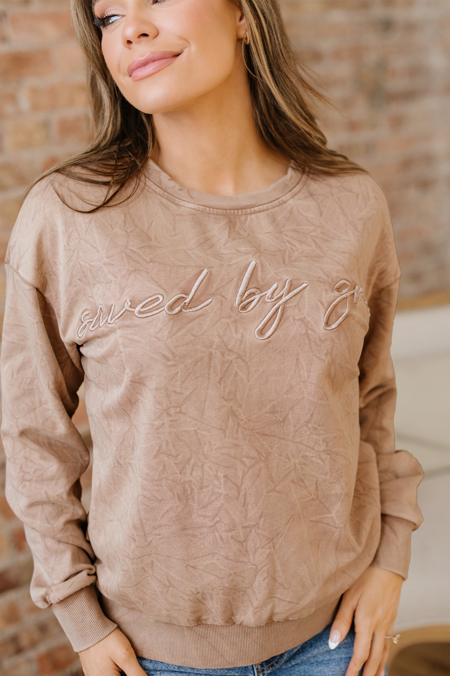 DUNE saved by grace Letter Embroidery Mineral Wash Loose Sweatshirt - loveforevers