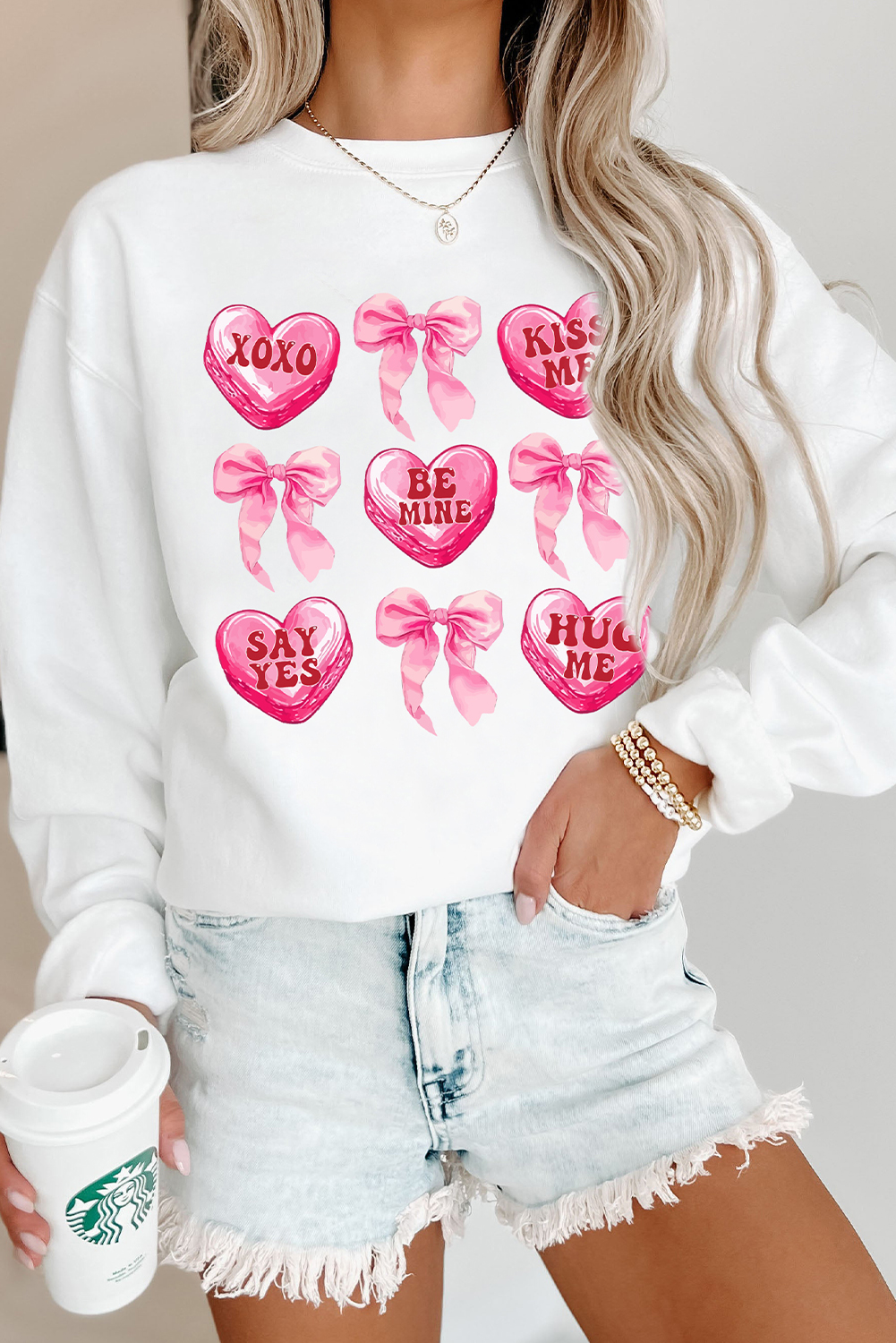 White Valentine Candy Heart & Bow Graphic Sweatshirt - loveforevers