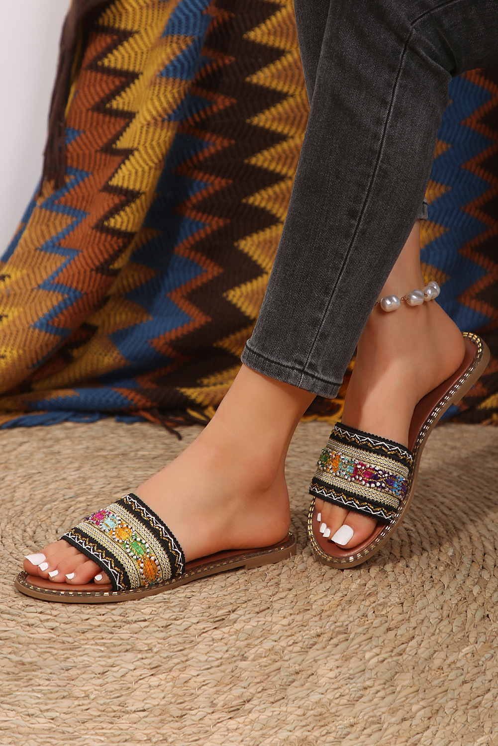 Chestnut Bohemian Pattern Crochet Faux Leather Beach Slippers - loveforevers