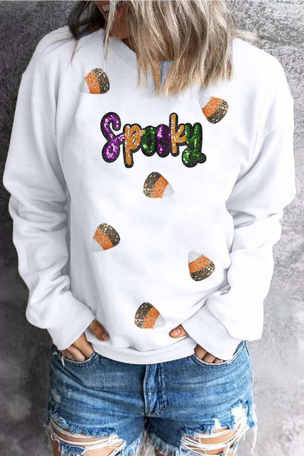 White Sequin Spooky Halloween Spirit Print Casual Sweatshirt - loveforevers