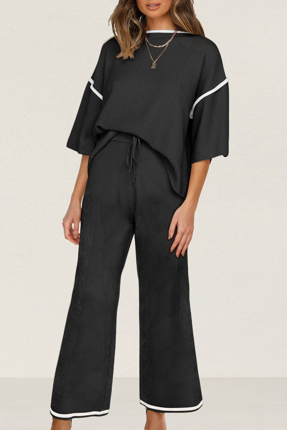 Blackish Green Contrast Trim Half Sleeve Top Drawstring Pants Loose 2pcs Sweater Suit - loveforevers