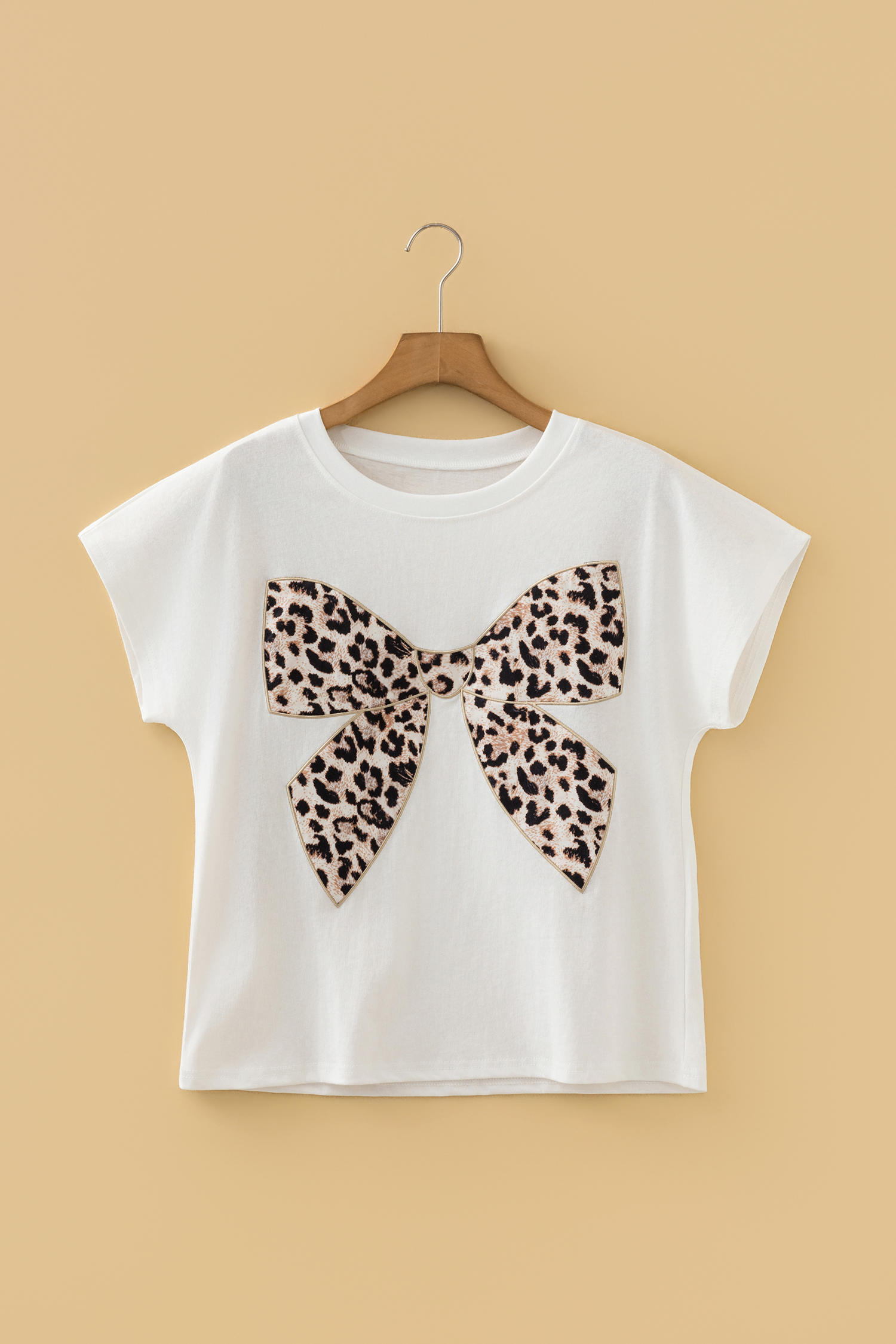 Pink Leopard Bow Embroidered Cotton Round Neck T Shirt - loveforevers