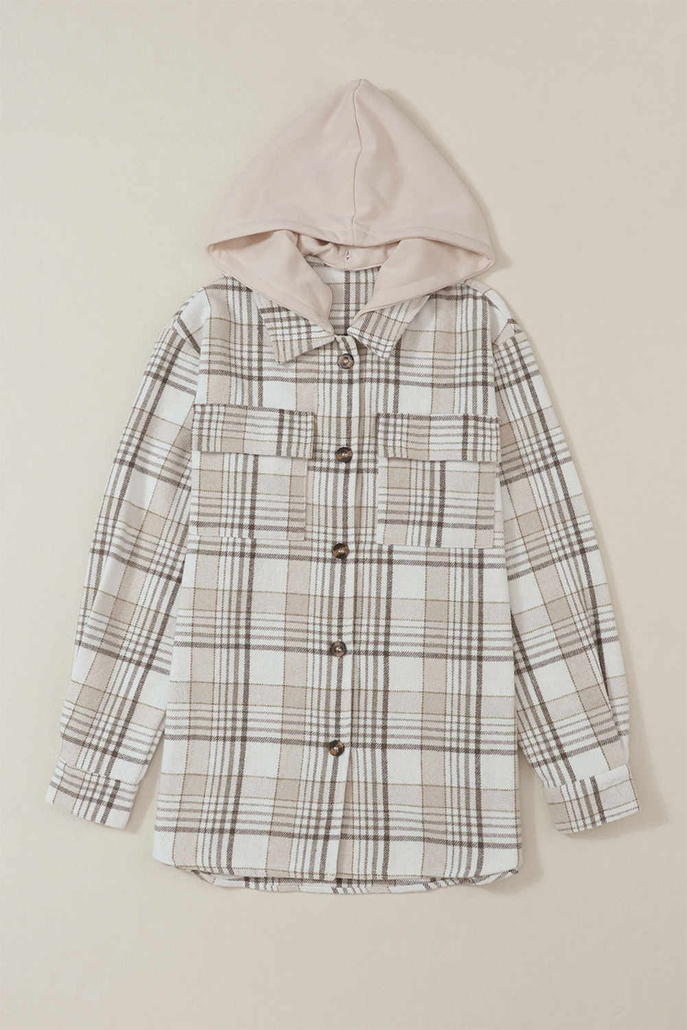 Khaki Plaid Removable Hood Buttoned Shacket - loveforevers