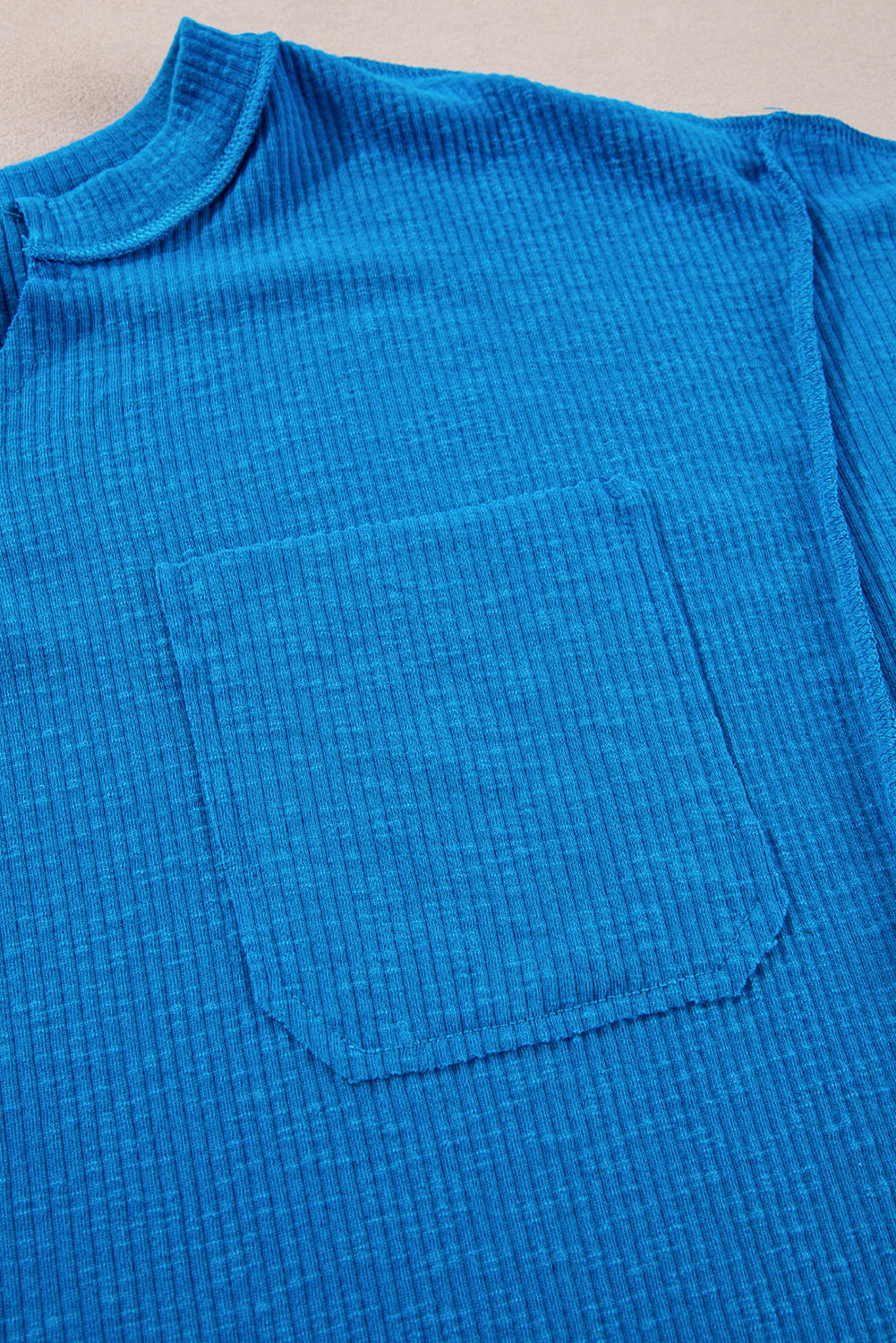 Blue Ribbed Exposed Seam Knit V Neck Long Sleeve Top - loveforevers