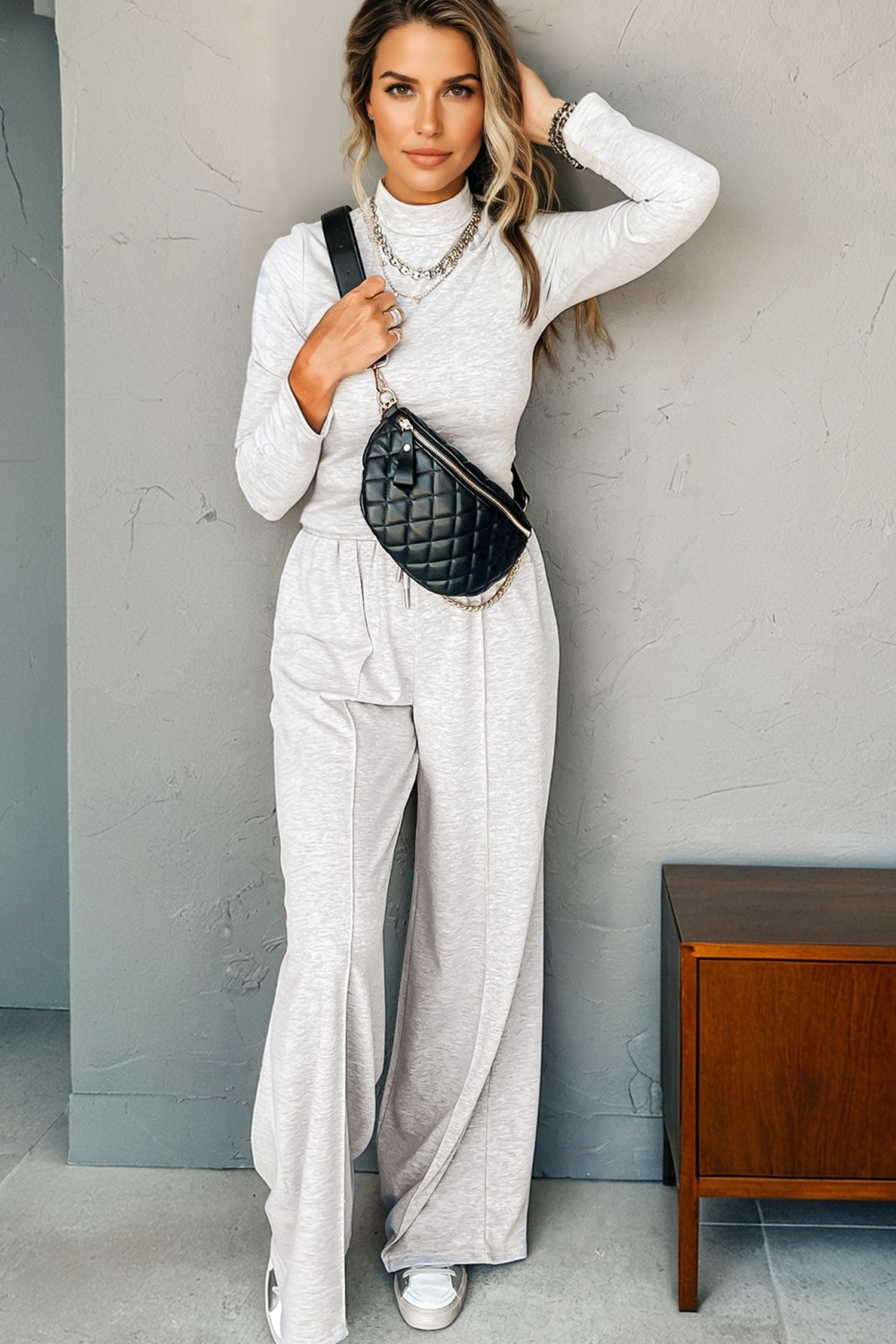 Light Grey Long Sleeve High Neck Slim Top Smocked Waist Central Seam Pants Set - loveforevers