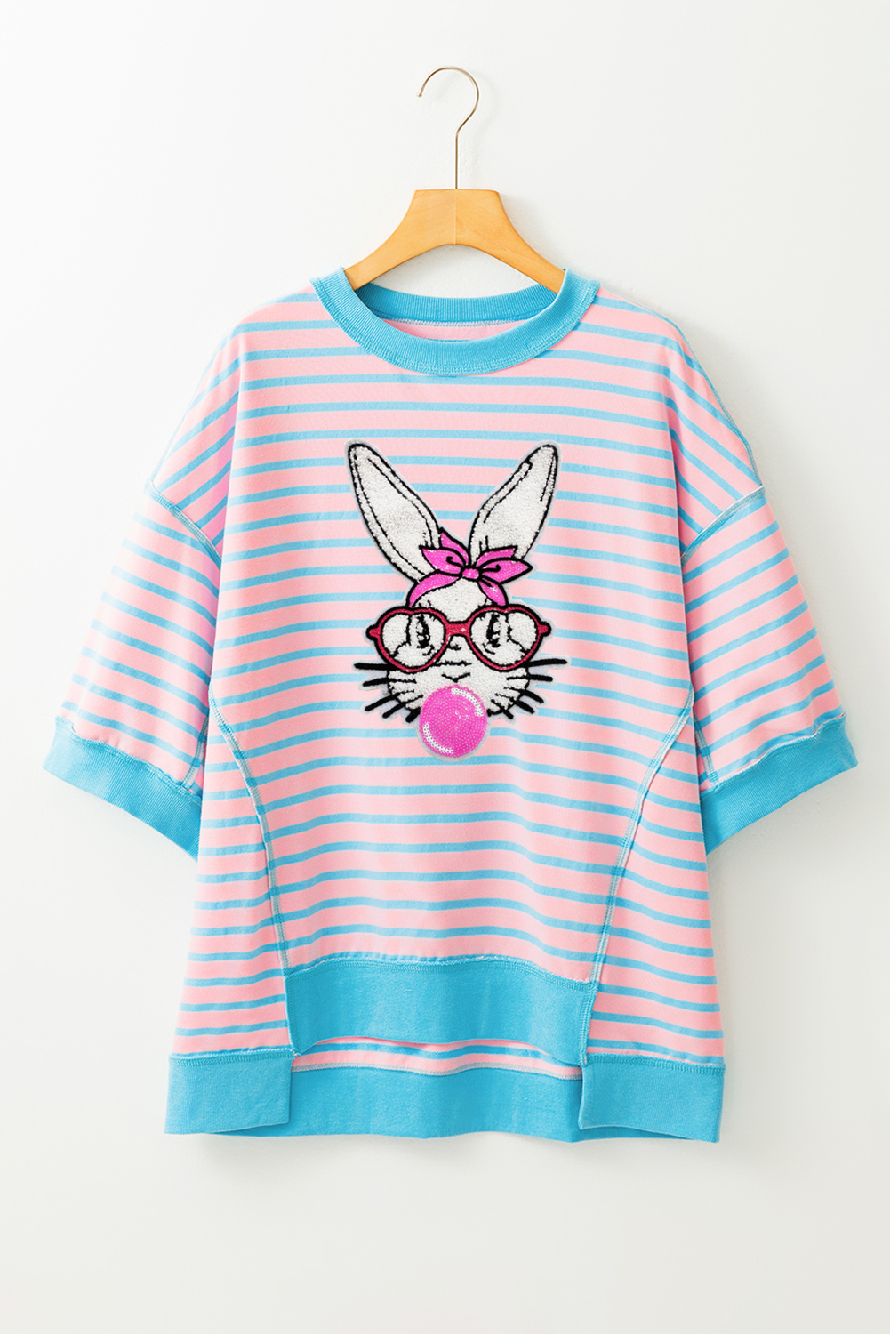 Pink Stripe Easter Rabbit Graphic Contrast Banded Drop Shoulder Tee - loveforevers