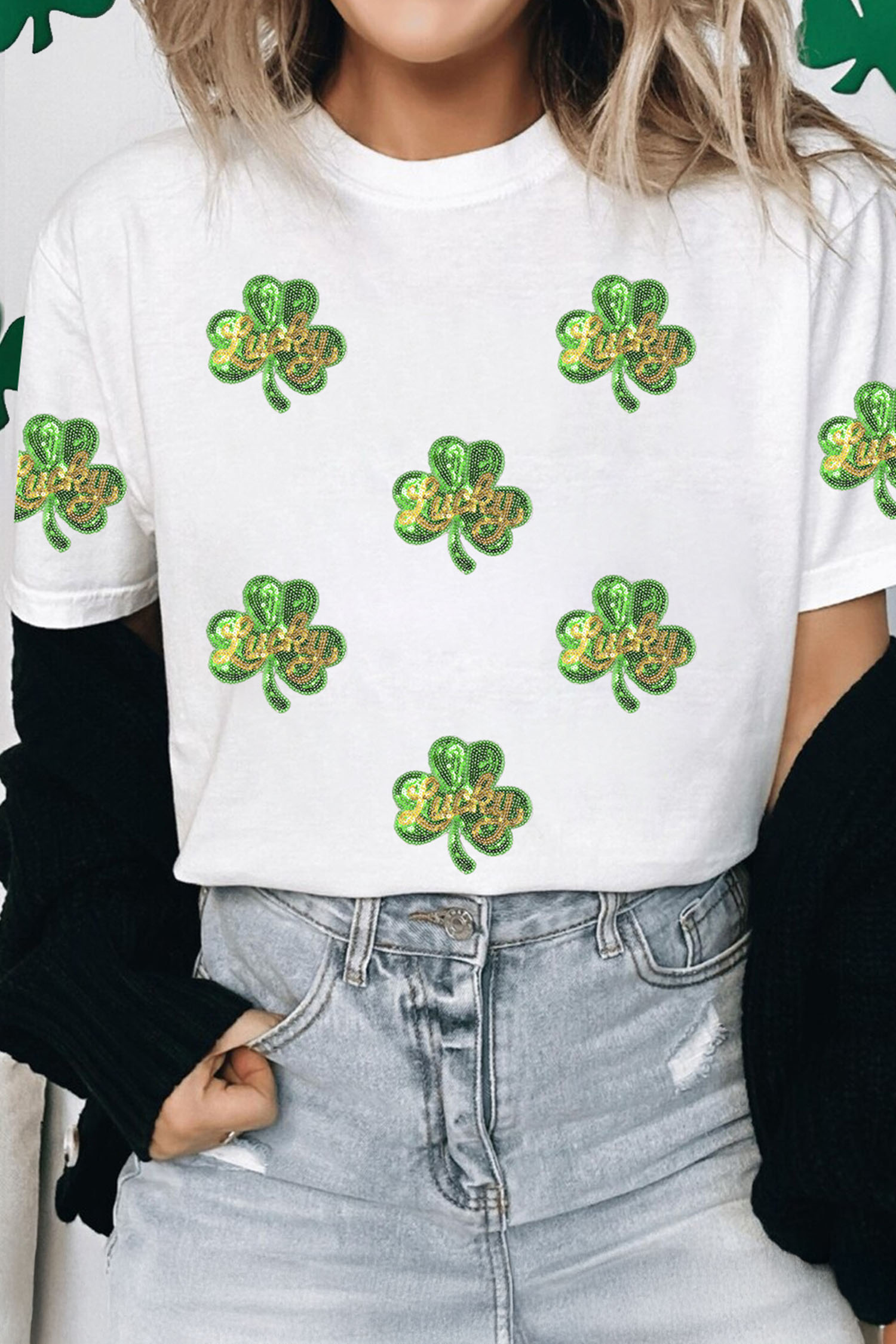 White Sequin Lucky Clover Patched Casual Round Neck Tee - loveforevers